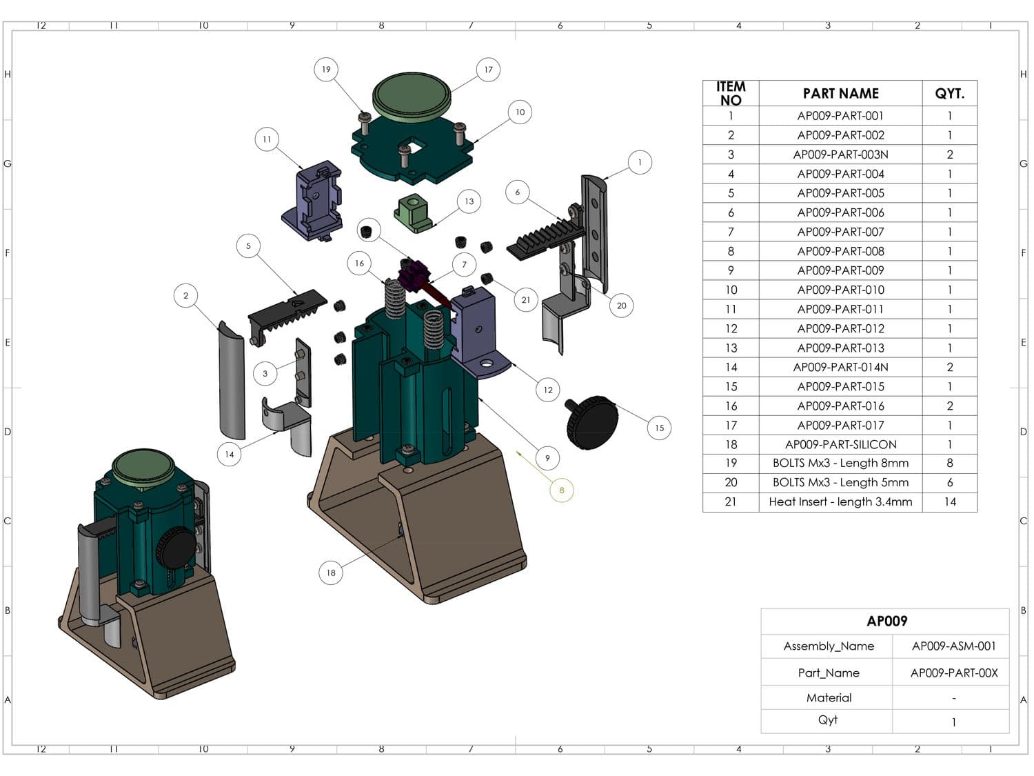 Rack-and-pinion clamp mechanism — exploded assembly AP009