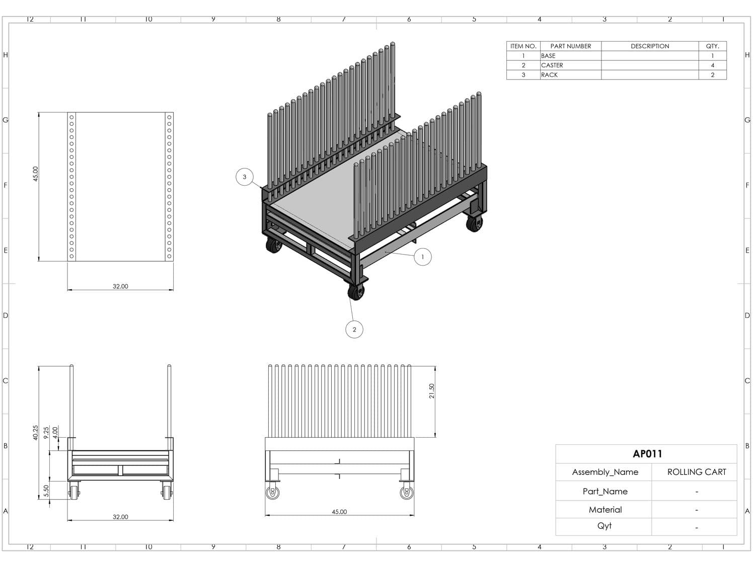Heavy-duty rolling cart — fabrication drawing AP011