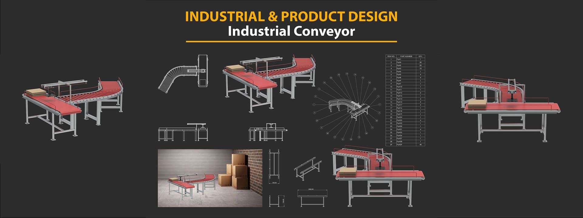 Industrial conveyor system — renders, drawings and exploded BOM