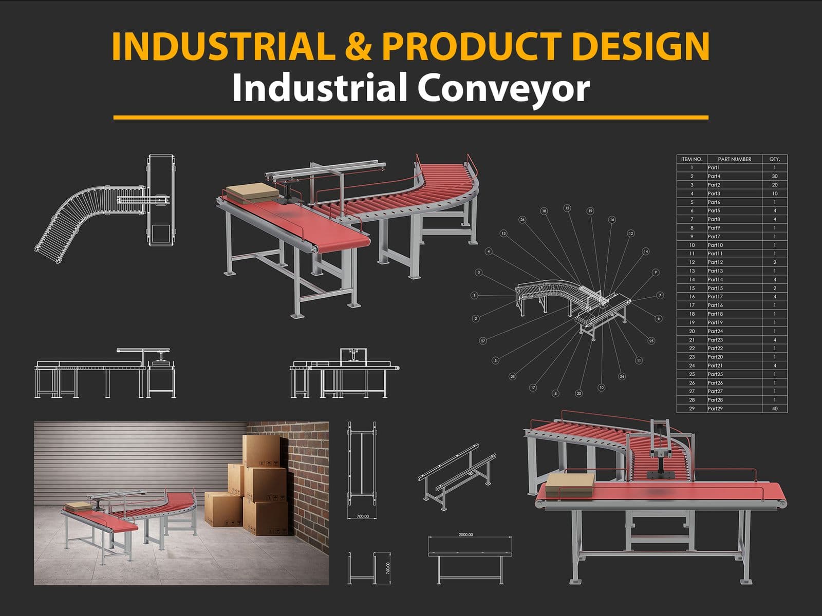 Industrial conveyor system — renders, drawings and exploded BOM