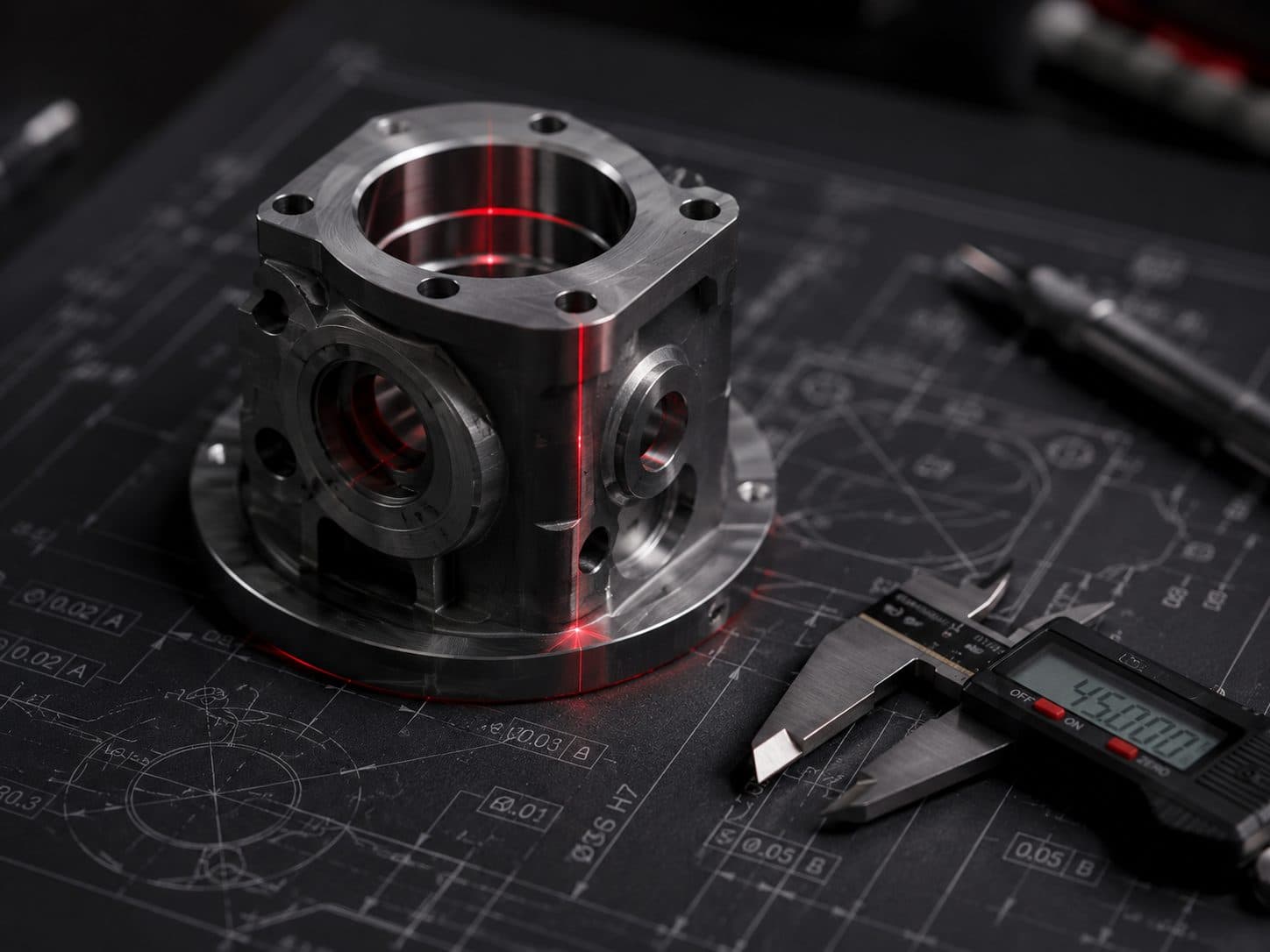 Precision machined part on a technical drawing with digital caliper