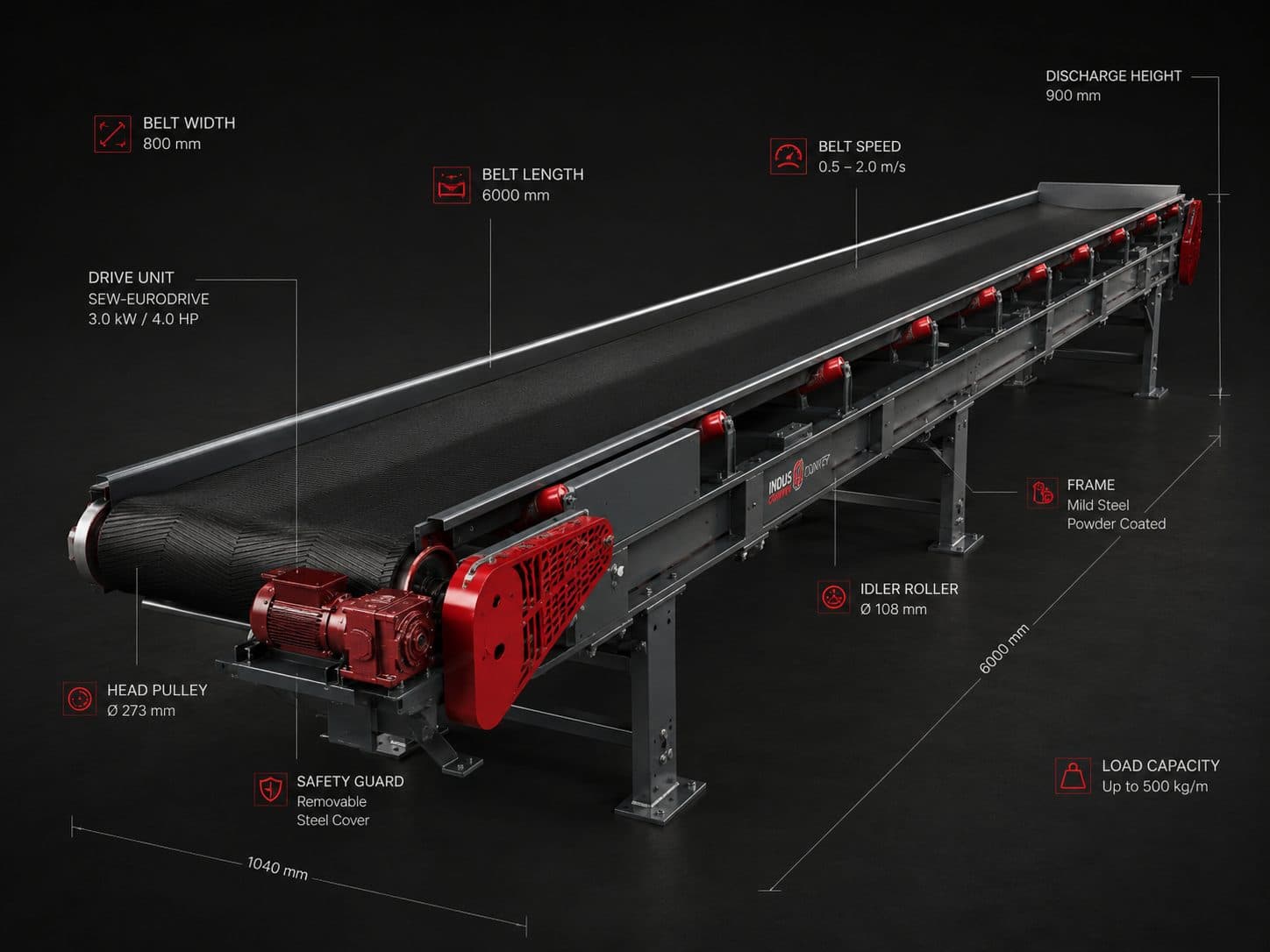 Industrial belt conveyor with engineering spec callouts
