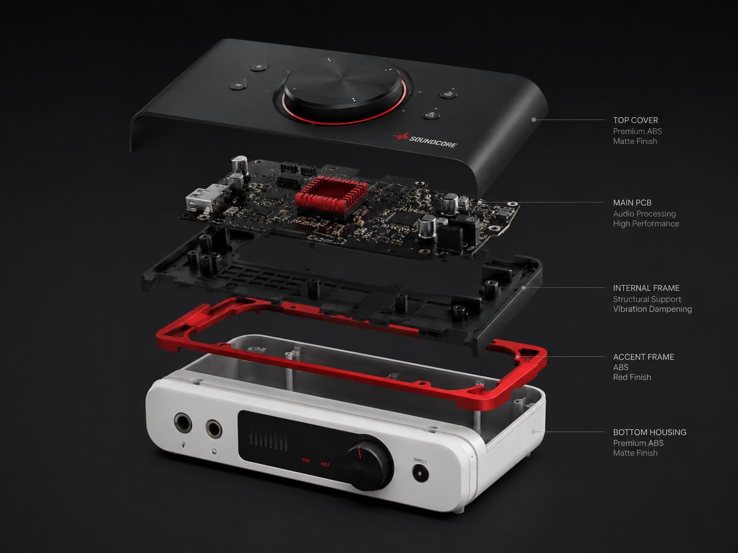 Exploded view of a consumer audio device showing enclosure, PCB and internal frame
